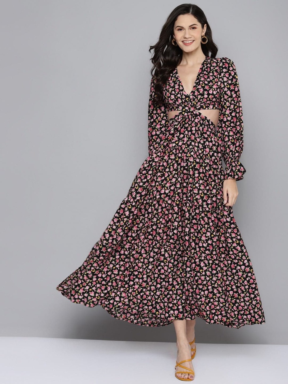 Sassafras Black Pink Floral Cutout Maxi Dress Long Sleeve Size Large Cottagecore
